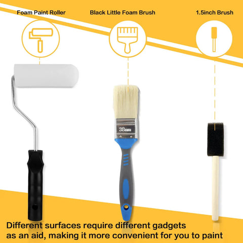 All In One 9 Piece Paint Roller Set With 9 Inch And 4 Inch Microfiber Rollers Brushes Tray Sponge Brush Sleeves For Walls Ceilings Cabinets DIY Painting Kit Pro Grade, featuring foam roller, standard brush, and foam brush.