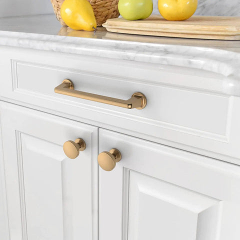 Champagne Bronze Cabinet Knobs Set, 10 Pack Dope Zinc Hardware For Kitchen Cabinets And Dresser Drawers showcased on white cabinets.