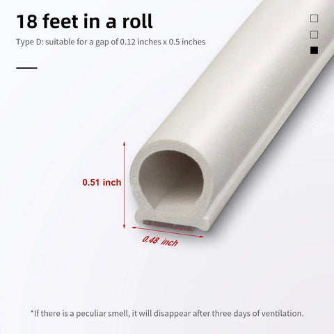 Close-up of 18 ft Weather Stripping For Doors And Windows With Self Adhesive Backing, Type D profile, white color, gap sealing.