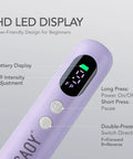 Effortless Cordless Nail Drill And Electric Nail File With Bright LED Display showing battery, speed settings in violet purple design.