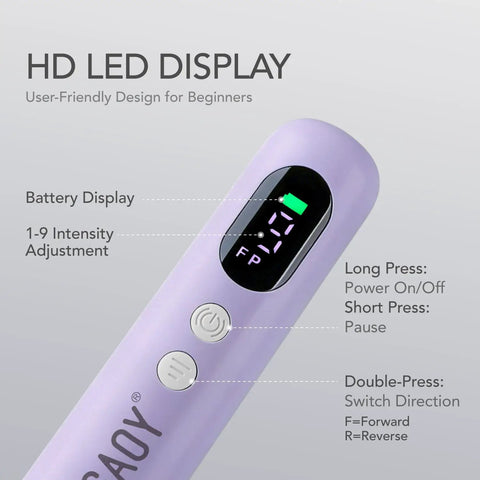 Effortless Cordless Nail Drill And Electric Nail File With Bright LED Display showing battery, speed settings in violet purple design.