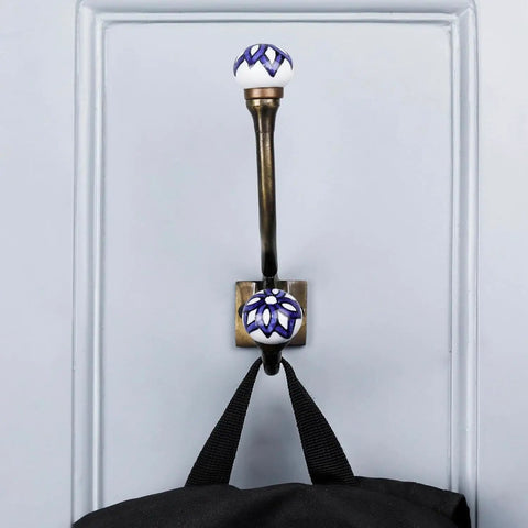 Heavy Duty Double Coat Hooks Wall Mount Six Pack In Blue And White, Decorative Prong Hooks Perfect For Coats, Towels, Backpacks, Purses