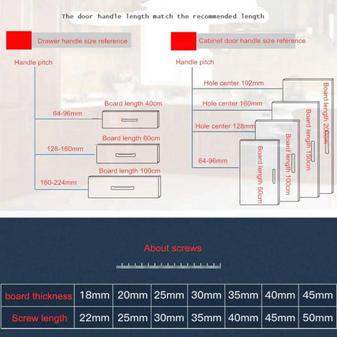 Size chart for Invisible Aluminum Drawer Handle focusing on handle length, pitch, board length, and screw sizes for cabinets and dressers.