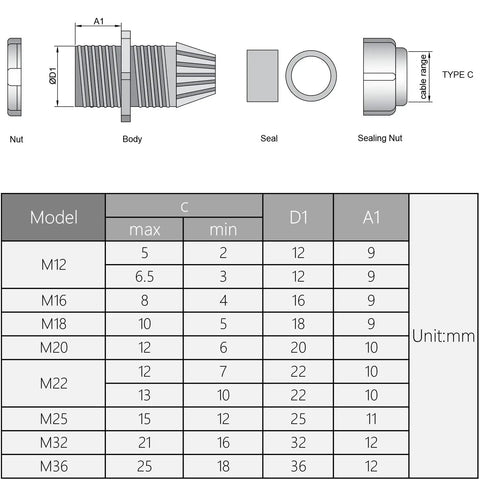 Technical drawing of 10 Pack M12 Cable Glands Waterproof Nylon PA6 With Gasket Adjustable Connector For Cable Diameter 3 To 6.5 Mm 12 mm thread