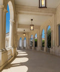 Outdoor Hanging Lantern Pendant Light With Clear Seeded Glass In Oil Rubbed Bronze Finish in corridor view