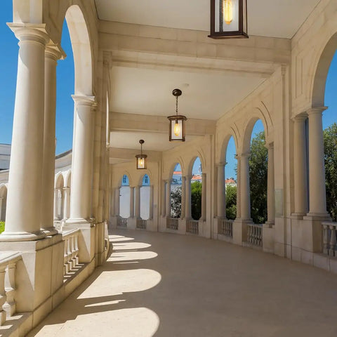 Outdoor Hanging Lantern Pendant Light With Clear Seeded Glass In Oil Rubbed Bronze Finish in corridor view