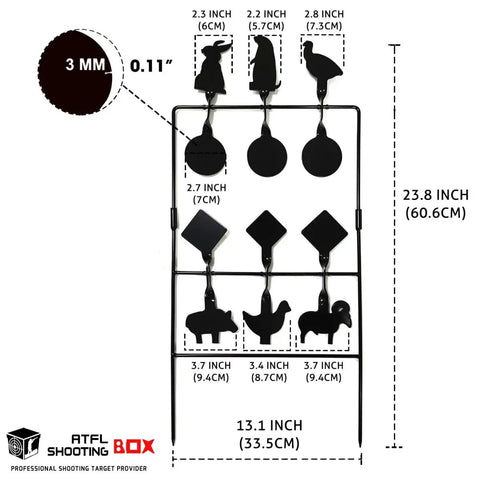 Auto Reset Animal Silhouette Target For Airgun And BB Gun Practice, Nine Target Layout With Measurements And Heavy Metal Spinner