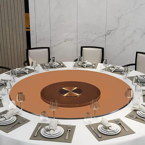 Big Time Tempered Glass Lazy Susan Solid Round Swivel Turntable Top Shelf Rotating Serving Tray on elegant dining table.