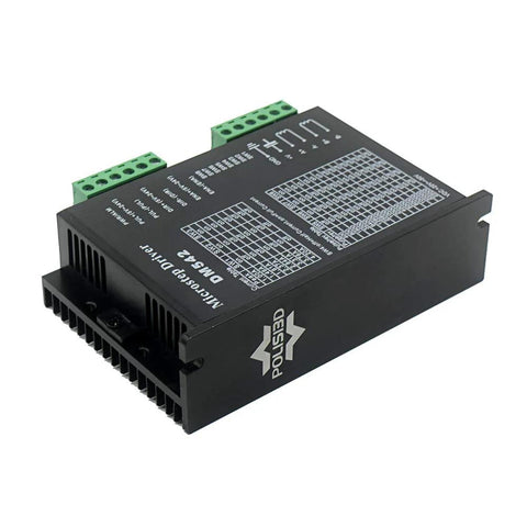 Angled front view of a DM542 CNC digital microstep driver module with green screw-terminal blocks