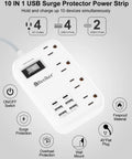 10 IN 1 USB Surge Protector Power Strip with 4 AC outlets and 6 USB ports, compact and fireproof design for versatile charging.
