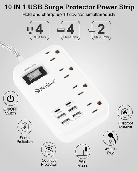 10 IN 1 USB Surge Protector Power Strip with 4 AC outlets and 6 USB ports, compact and fireproof design for versatile charging.
