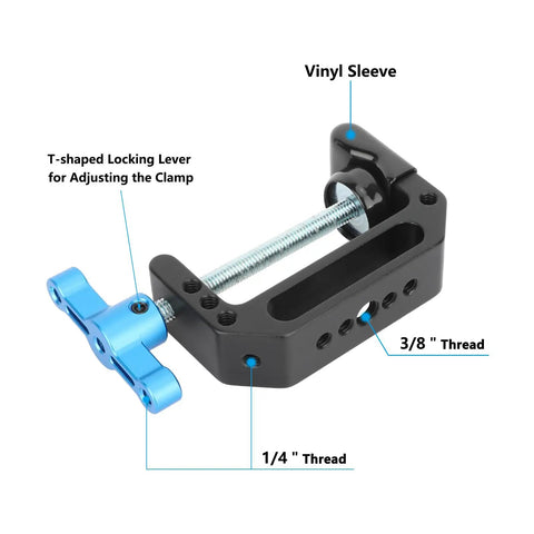 Aluminum C Clamp With 1/4 Inch And 3/8 Inch Mounting Points Blue T Handle Beefy Heavy Duty Desk Cart Bench Post Clamp Jaw Opens 3mm To 65mm Rock Solid Rigging For Studio Cameras Woodworking And DIY Projects, black aluminum clamp with blue T-handle