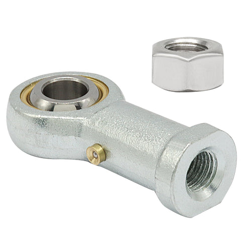 Heavy Duty Female Rod End Bearings With 3/8 Inch Bore 3/8-24 Rh Thread Alloy Steel construction with nut for steering linkages and rigging.