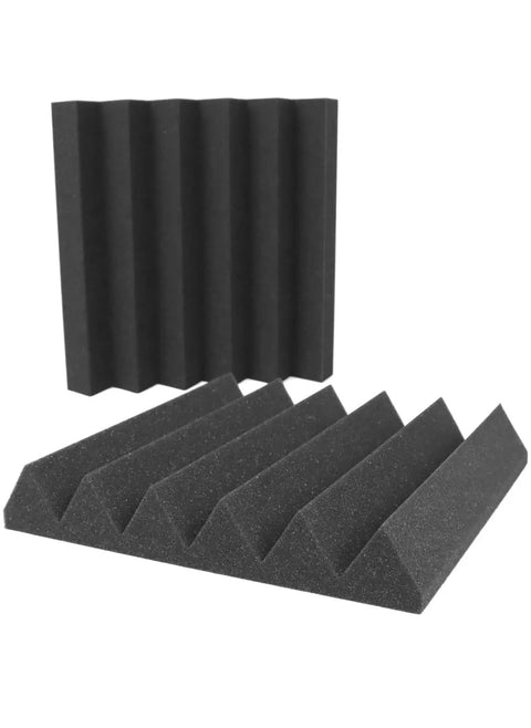 Heavy Duty Pro Grade Acoustic Foam Panels 24 Pack Charcoal Studio Soundproofing Wedge Wall Tiles 12 By 12 By 2 Inch High Density Polyurethane foam tiles in wedge design.