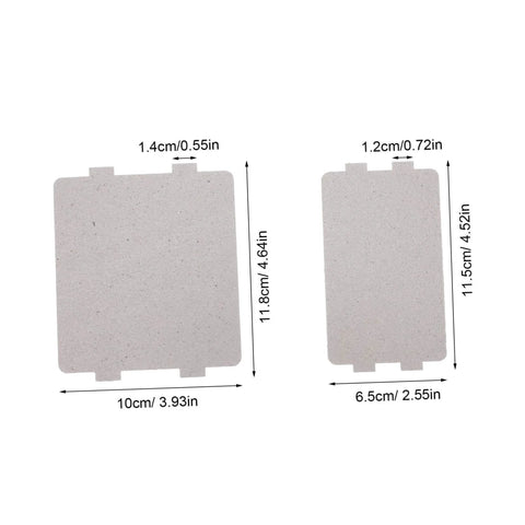 Two High Temperature Mica Sheets For Microwave Ovens Heat Shield And Insulation Cover Replacement Parts with measurements.