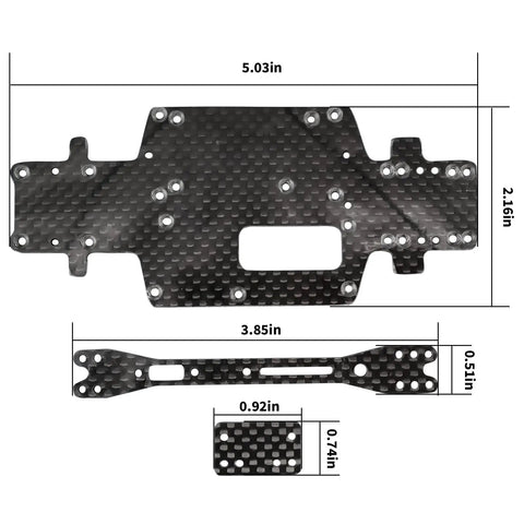 Top view of Carbon Fiber Wave Box Bottom Plate Two Layer Upgrade For WLtoys 1/28 RC Car with detailed measurements.
