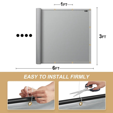 Heavy Duty Fireproof Grill Backsplash Mat To Shield Your Deck Fence And Railing From Scorching Heat Grease Splatter And Smoke, No Sweat Patio Backguard Cover features dimensions 1ft x 6ft x 3ft with easy install details.