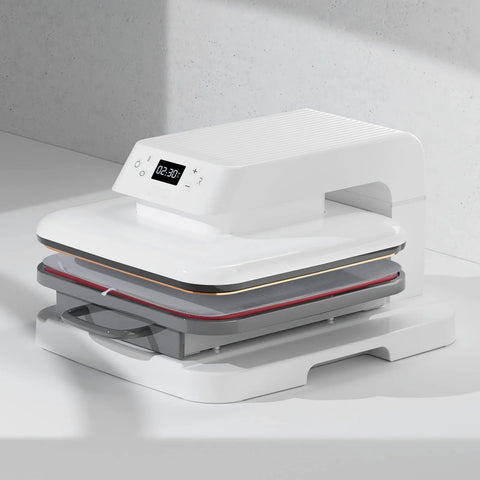 Front view of white heat press machine with digital timer and multi-layer pressing pad.