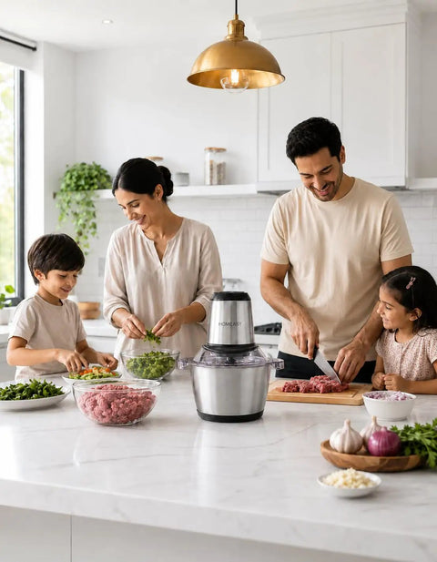 Homeasy Electric Food Chopper in a modern kitchen while family prepares meat, vegetables, and herbs together.