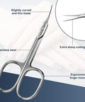Ultra Precise Cuticle Scissors with extra fine curved blade, stainless steel, ergonomic handles, for nail care and grooming.