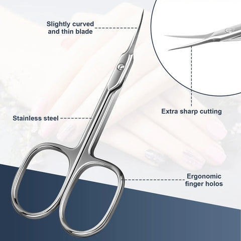 Ultra Precise Cuticle Scissors with extra fine curved blade, stainless steel, ergonomic handles, for nail care and grooming.