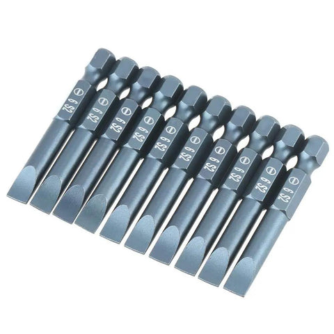 Top Tier Slotted Screwdriver Bits Set With 10 Pieces Featuring Tough S2 Alloy Steel, Magnetic Hold, And 1/4 Inch Hex Shank Perfect For Heavy Duty Drilling And Pro Tool Kits, 10 S2 steel slotted bits