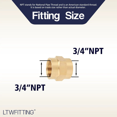 Real Deal 3/4 Inch Female To Female Npt Brass Pipe Coupler showing size specifications and threaded detail for plumbing use.