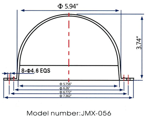 Diagram of 5.6 Inch Acrylic Indoor And Outdoor CCTV Clear Dome Camera Cover Housing Built To Last, with dimensions and model number JMX-056.