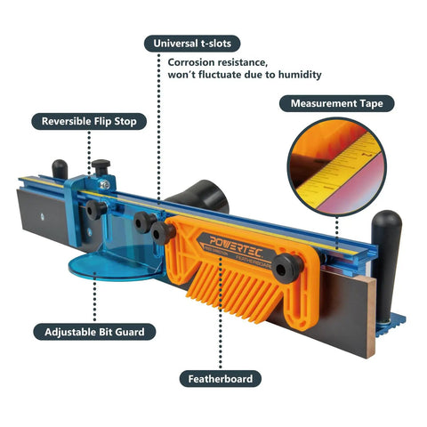 Heavy Duty 24 Inch Router Table Fence System With Rail Coping Sled showing reversible flip stop and adjustable bit guard.