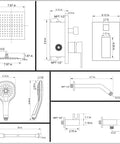 Dimensions diagram of Polished Chrome Shower System With Wall Mounted Rainfall 8 Inch Shower Head And Handle Set Includes Rough In Valve Body And Trim Kit For A Killer High Flow Bathroom Upgrade