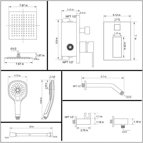 Dimensions diagram of Polished Chrome Shower System With Wall Mounted Rainfall 8 Inch Shower Head And Handle Set Includes Rough In Valve Body And Trim Kit For A Killer High Flow Bathroom Upgrade