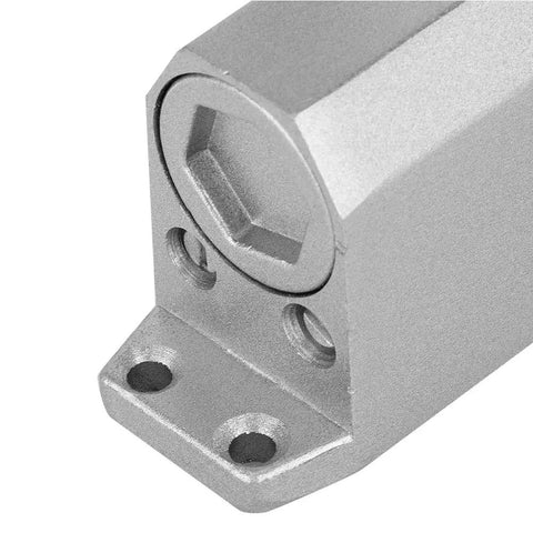 Close-up of Beefed Up Heavy Duty Adjustable Fire Rated Door Closer in silver finish for 25 to 35 kg doors, mounting detail visible.