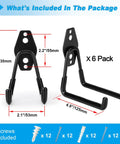 Six Pack Heavy Duty Garage Hooks 4.9 Inch Steel Utility Hangers with dimensions and included screws