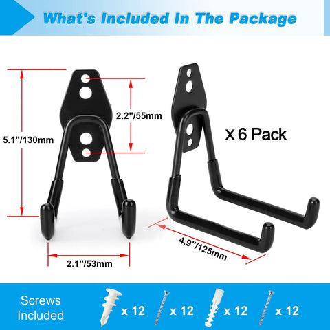 Six Pack Heavy Duty Garage Hooks 4.9 Inch Steel Utility Hangers with dimensions and included screws