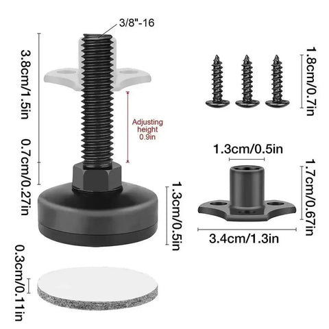 Adjustable Furniture Leveling Feet 4 Pack Heavy Duty Leg Levelers, 3/8-16 thread, black base and screws