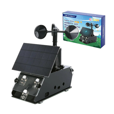 Ultimate ESP32 Weather Station Kit For IoT Nerds with solar panel and sensors including wind and rain sensor, product box shown.