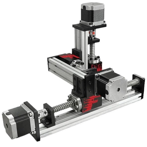 Three Axis Linear Slide Table Stage With Ball Screw And Stepper Motor For 3D Printers, aluminum rails, shown with stepper motors