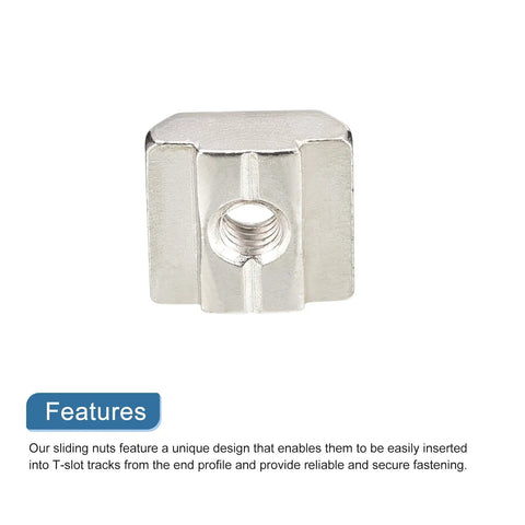 Heavy Duty 50 Pack M5 Thread T Nuts Nickel Plated Carbon Steel Hammer Head Fasteners for 3030 Aluminum Extrusion Profiles close-up view.