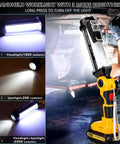 Rechargeable 2000 Lumen Work Light With 3 Modes and USB A Charging Port featuring different light modes and car repair usage