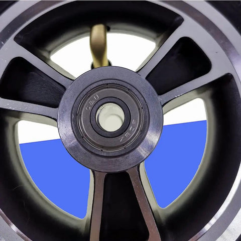 Close-up of 8 Inch X 2 Inch Wheelchair Caster Wheels with aluminum alloy hubs and slick rolling pneumatic tires.