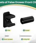 Upgrade Your Cabinetry With These Eight Black False Front Drawer Clips Heavy Duty Plastic Waterproof Design Includes Mounting Screws showing clips and screws.