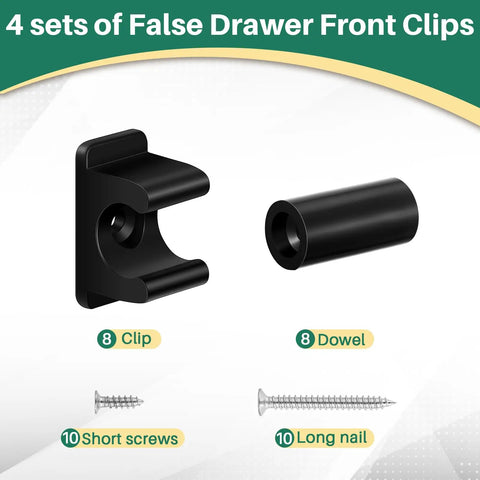 Upgrade Your Cabinetry With These Eight Black False Front Drawer Clips Heavy Duty Plastic Waterproof Design Includes Mounting Screws showing clips and screws.