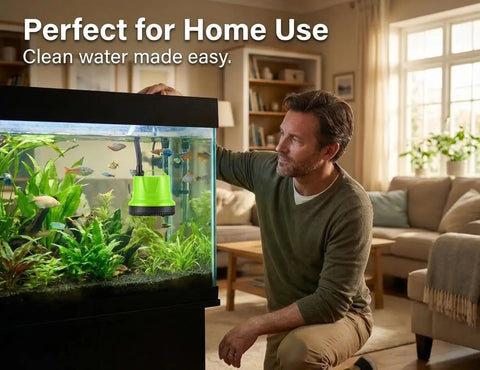 Man admiring fish tank with Submersible Pump For Fish Tanks Ponds Aquariums And Hydroponics 660 GPH Flow 40W Green
