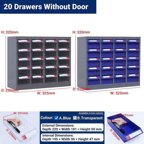 20 Drawer Heavy Duty Metal Parts Cabinet With Label Stickers for garage workshop and office storage in blue and transparent