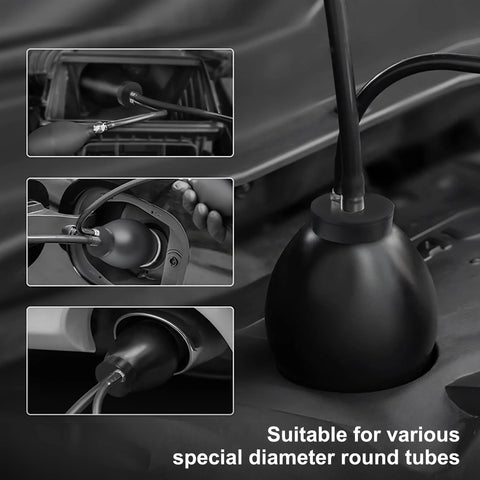 Installed automotive bladder leak tester on car intake; black expandable bladder with hose