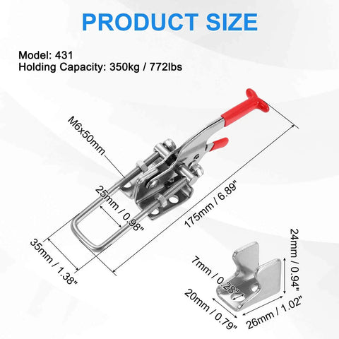 Two Pack 431 Toggle Latch Clamp Set Built Tough With M6 X 50mm Rod 772lbs Holding Capacity Adjustable Quick Release Pull Latches 304 Stainless Steel Hasps For Smoker Lids Jigs Tool Boxes Cases And Doors, size diagram