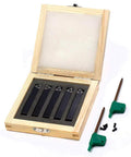 Three Eighths Inch Mini Indexable Lathe Turning Tool Holder Set, Five Piece With AL AR BL BR E Holders And Five TCMT C6 Carbide Inserts in a wooden case