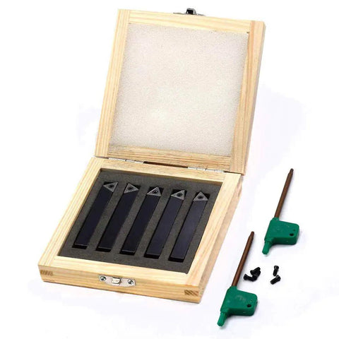 Three Eighths Inch Mini Indexable Lathe Turning Tool Holder Set, Five Piece With AL AR BL BR E Holders And Five TCMT C6 Carbide Inserts in a wooden case