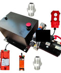 Heavy Duty 48V DC Hydraulic Power Unit With Double Acting Pump And 12 Liter Tank, includes remote control and fittings.