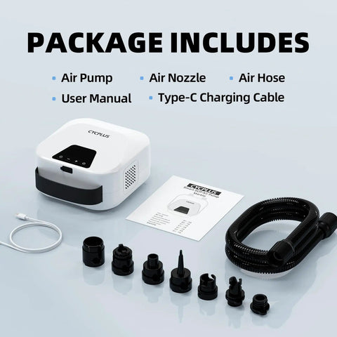Package contents of High Pressure Portable Air Pump For Paddle Boards And More Rechargeable Auto Off Dual Stage Inflation And Deflation Quick Fill